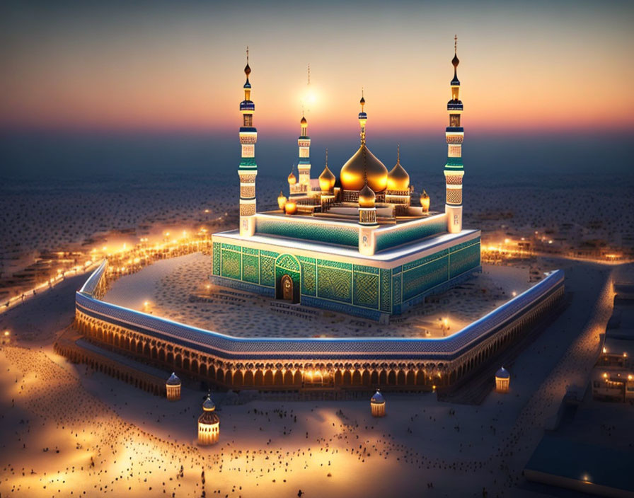 Twilight view of illuminated mosque with minarets and golden domes