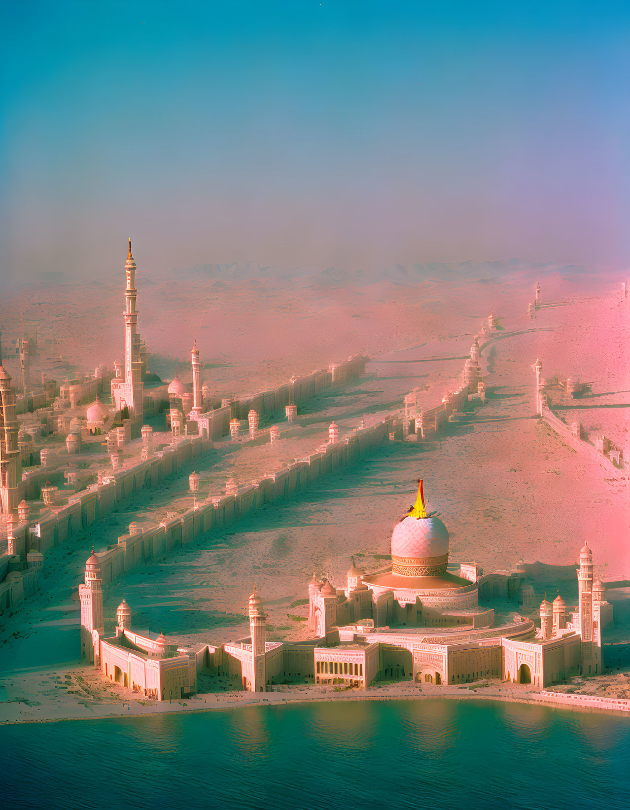 Misty landscape with grand dome structure and minaret in pink and blue light