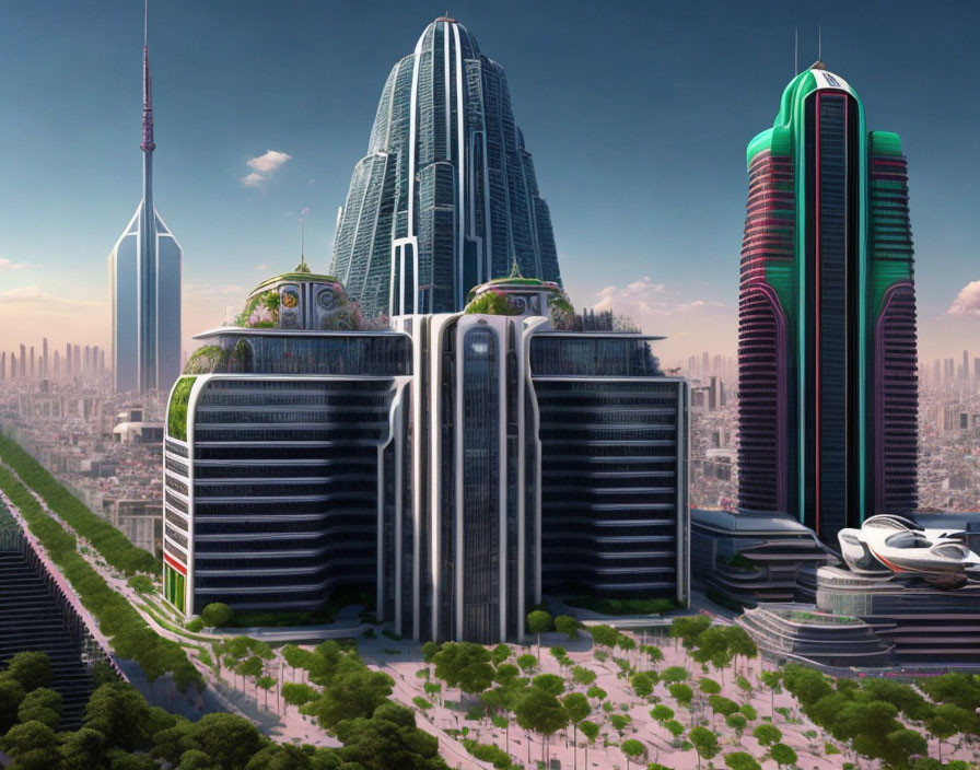 Futuristic cityscape with lush greenery and sleek skyscrapers