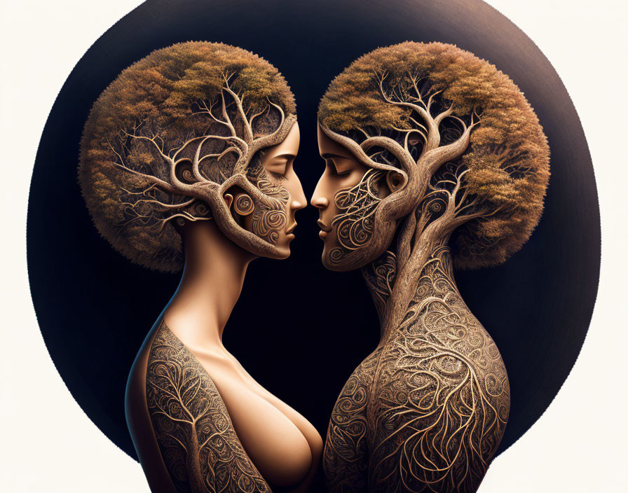 Artistic figures with tree-like hair in mirrored pose against dark background