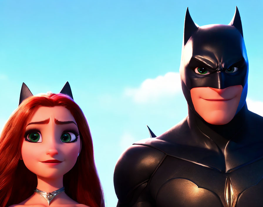 Dynamic Batman-Like and Red-Haired Cat-Eared Characters in Playful Scene