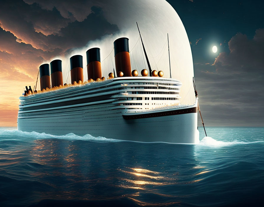 Vintage Ocean Liner Sailing at Sunset with Moonlit Sky