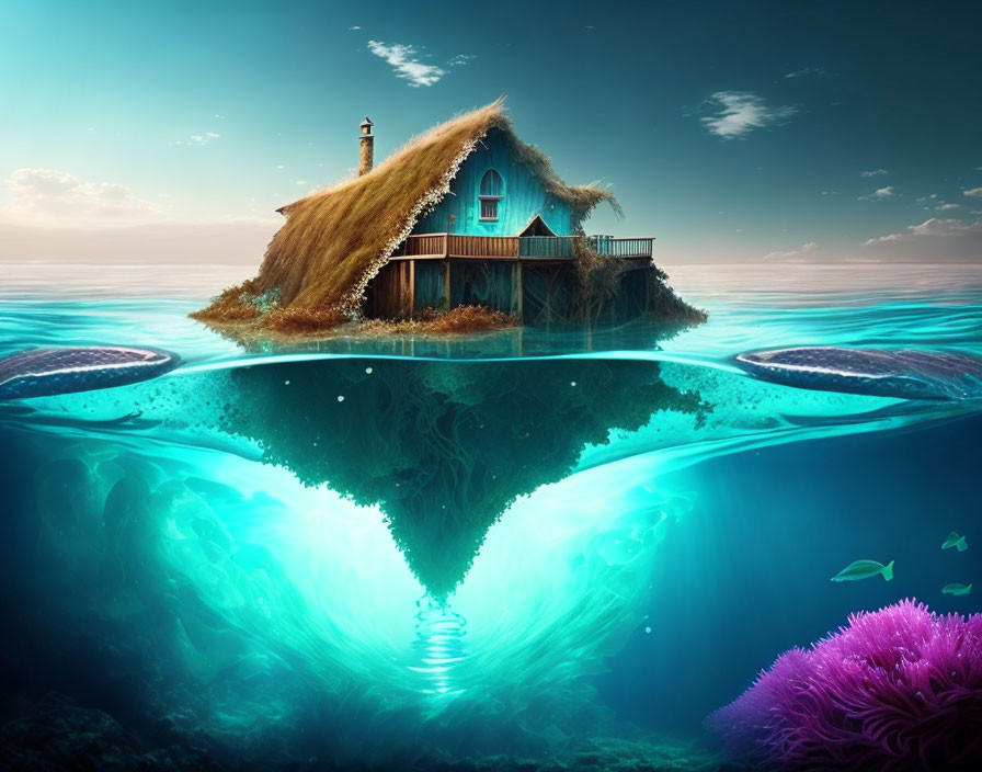 Vivid underwater scene with glowing whales and thatched-roof cottage