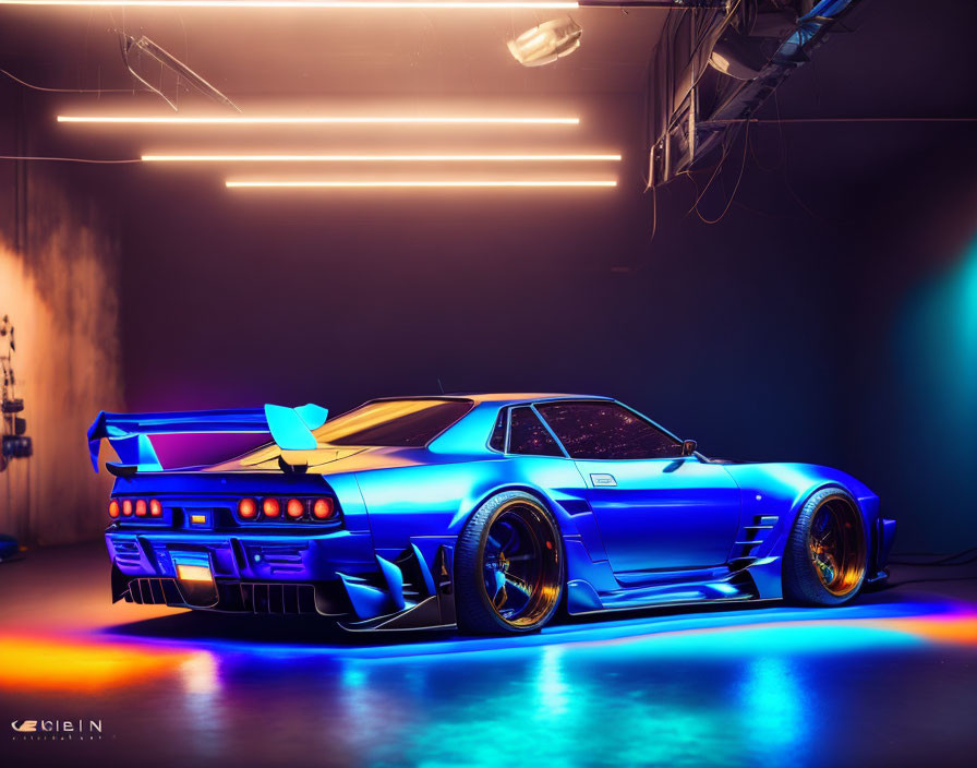 Vibrant blue sports car with neon underglow in studio with dramatic lighting