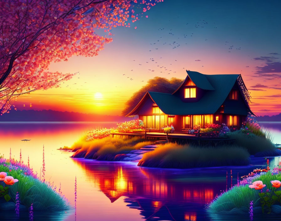 Tranquil lakeside house surrounded by blooming flowers at sunset