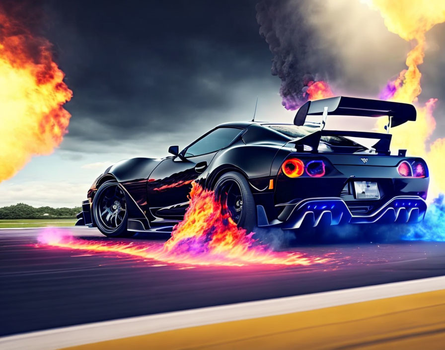 Black sports car with blue highlights emitting flames on stormy road