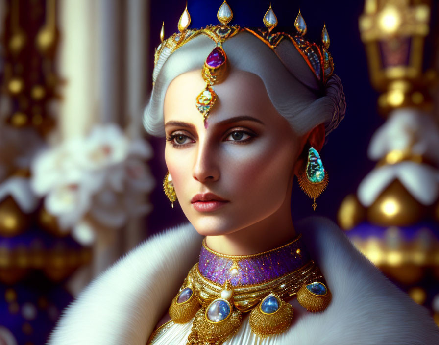 Regal Woman with Pearl White Crown and Luxurious White Fur Collar