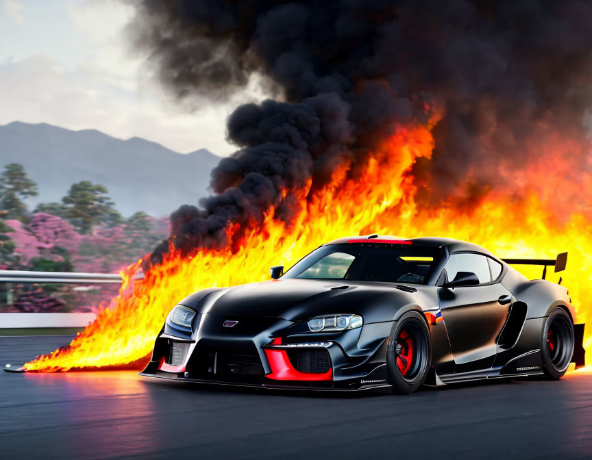 Custom black sports car spewing flames on track with mountain backdrop