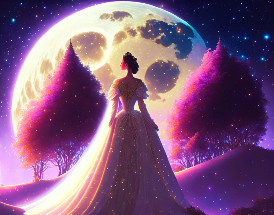 Woman in Glowing Dress with Moon, Pink Trees, and Starry Sky