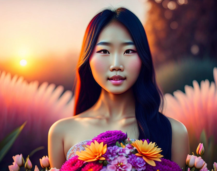 Woman holding flowers against glowing sunset backdrop.