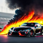 Custom black sports car spewing flames on track with mountain backdrop