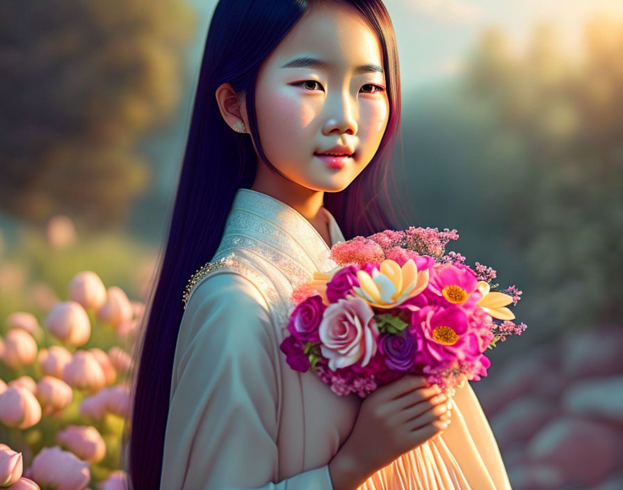 Girl with long dark hair in light outfit holding bouquet in sunlit field