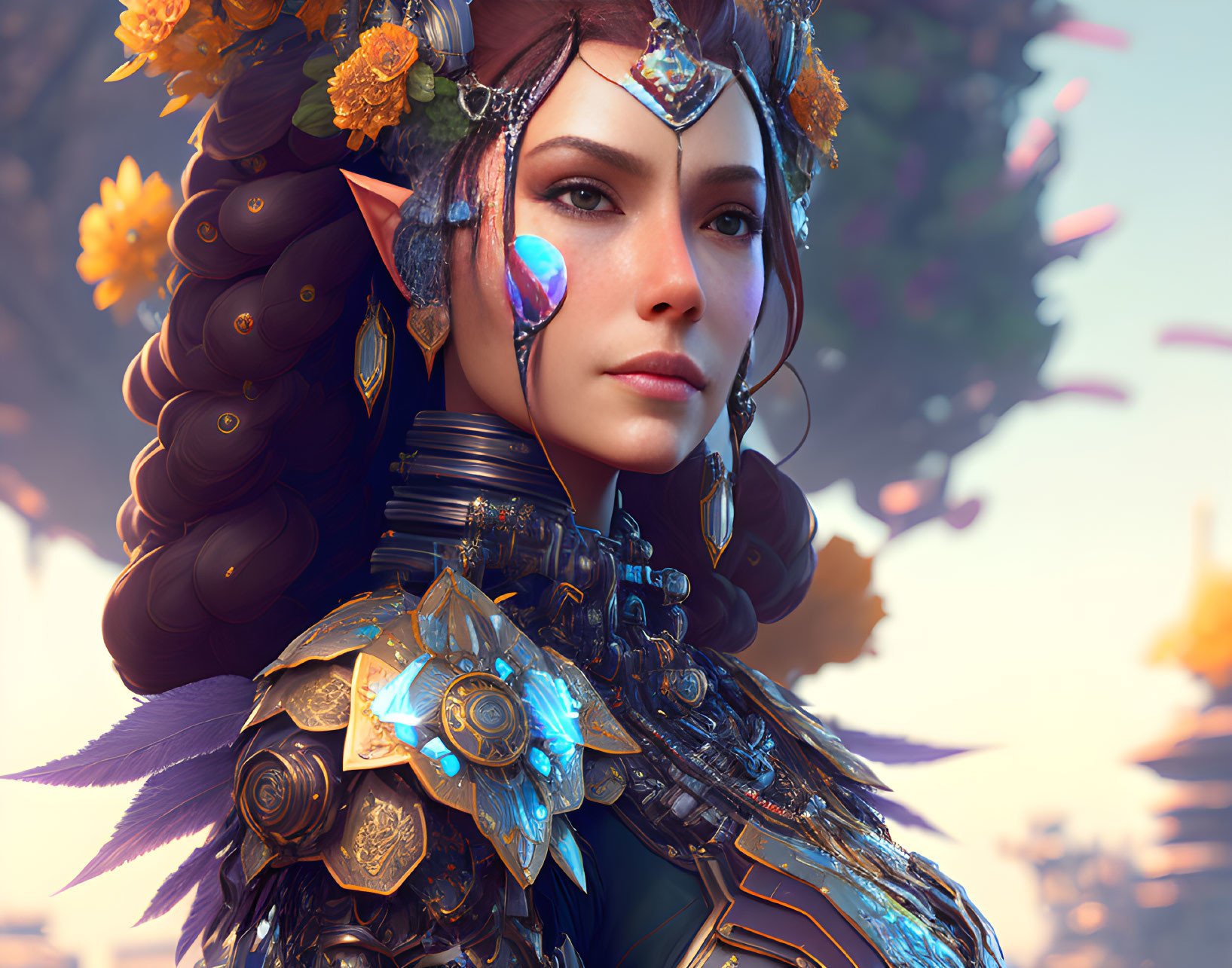 Fantasy female character with elf ears and intricate armor