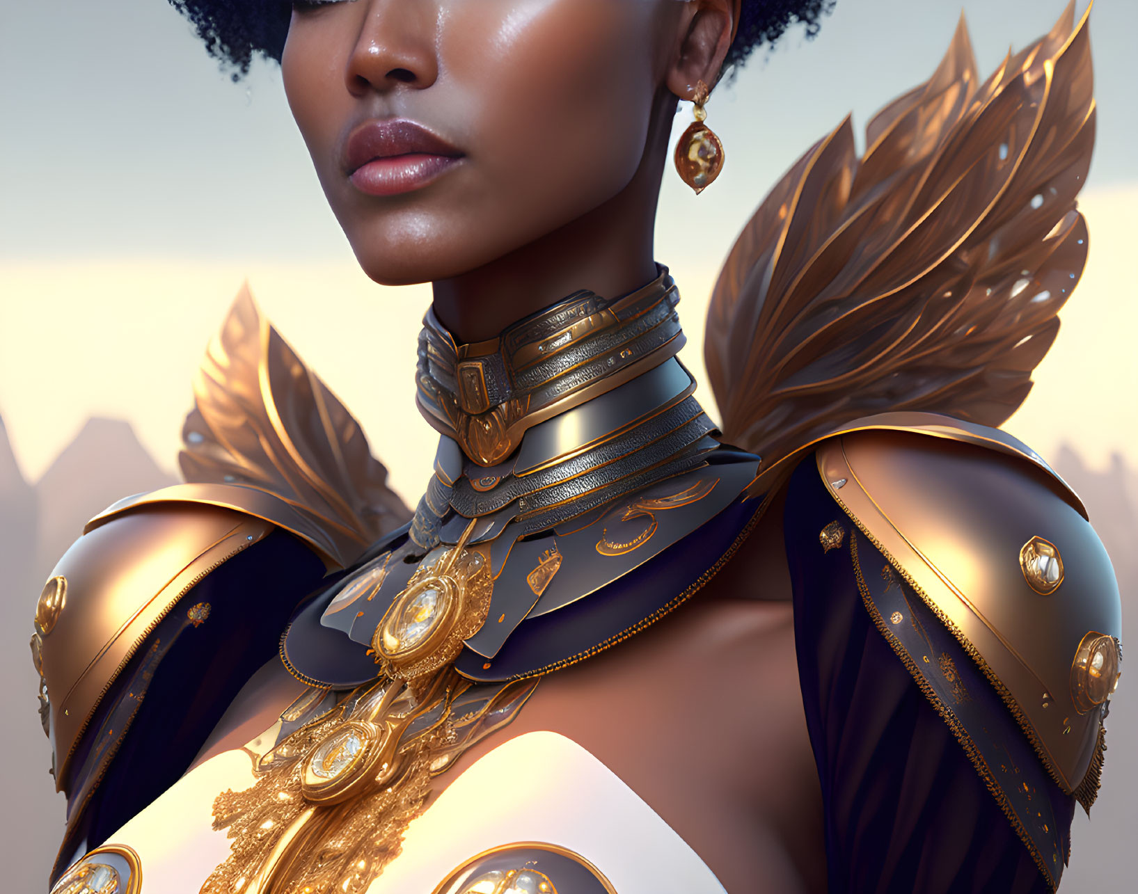 Digital portrait of a woman in golden armor with intricate designs and feathers