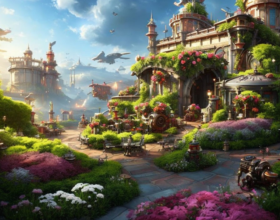 Fantasy garden with lush flora, grand architecture, flying ships, and mechanical contraptions