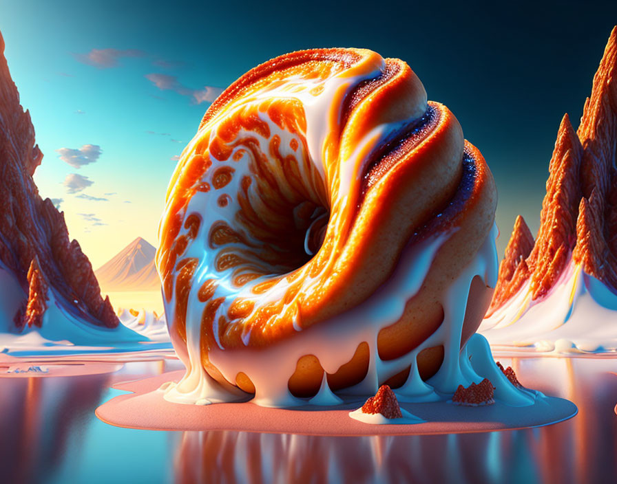 Surreal image: Giant glazed donut amidst odd-shaped peaks