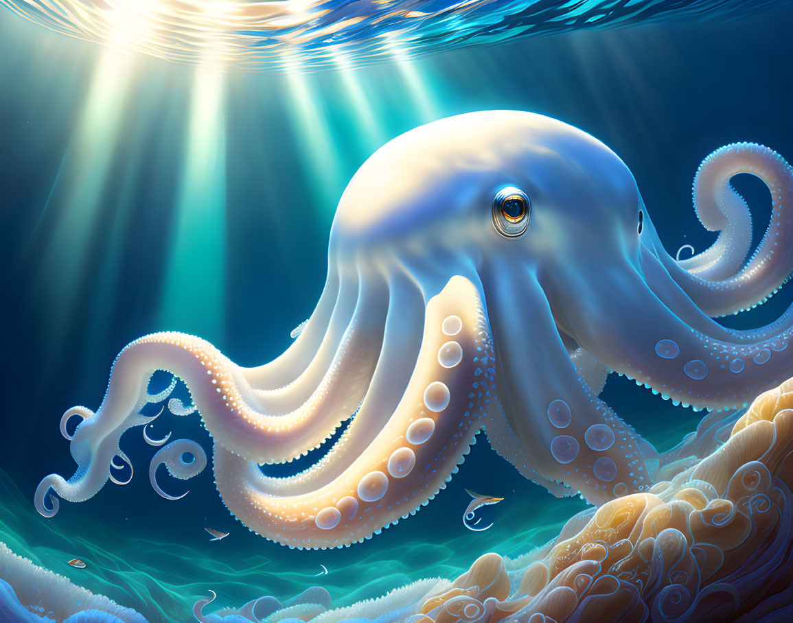 Colorful Octopus Illustration in Sunlit Underwater Scene