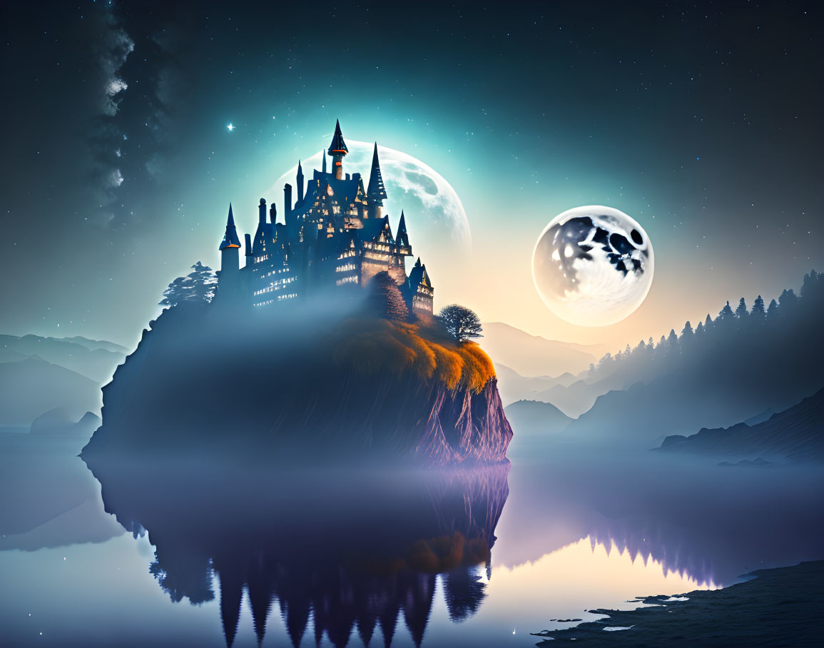 Majestic castle on misty mountain with moonlit lake