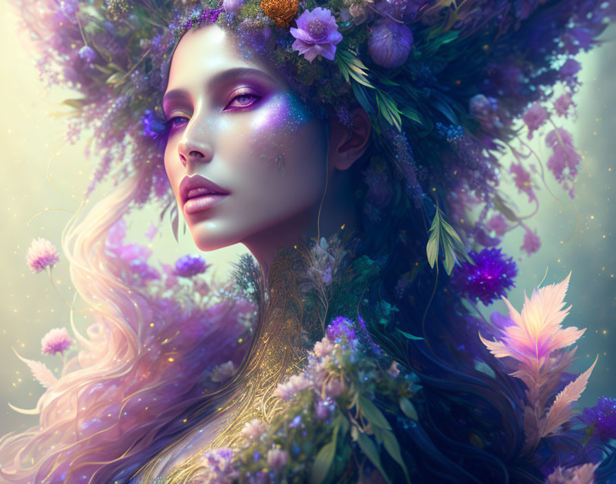 Fantasy portrait of woman with violet eyes and celestial glow.