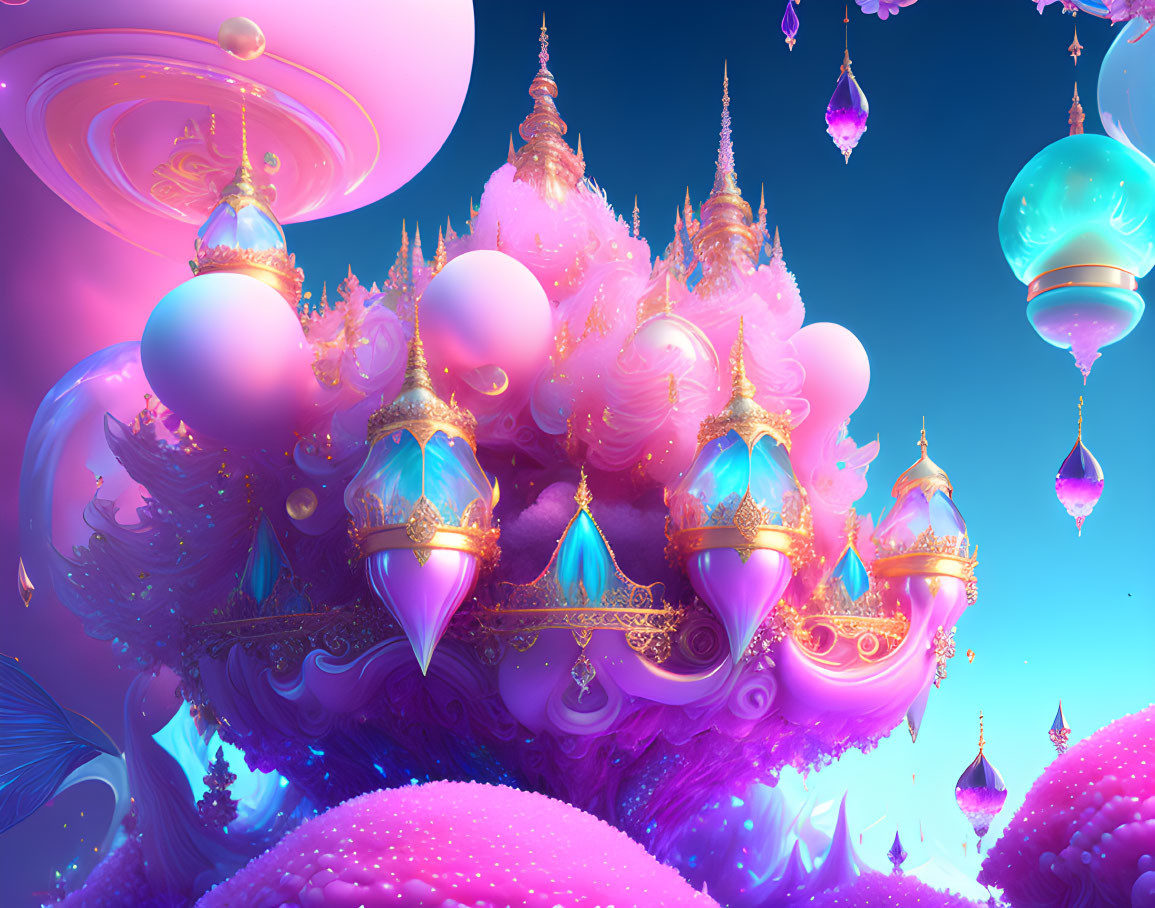 Fantastical Landscape with Floating Pastel Palaces and Pink Clouds