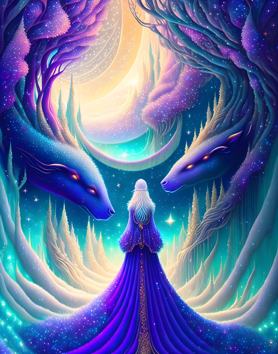 Person in starry robe with celestial wolves in cosmic landscape