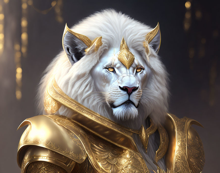 White lion with golden armor and headpiece on softly lit background