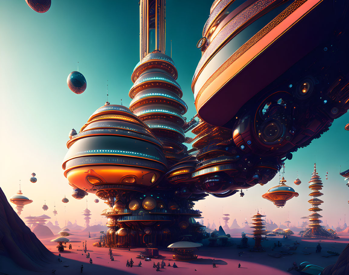 Futuristic cityscape with spherical buildings in desert setting