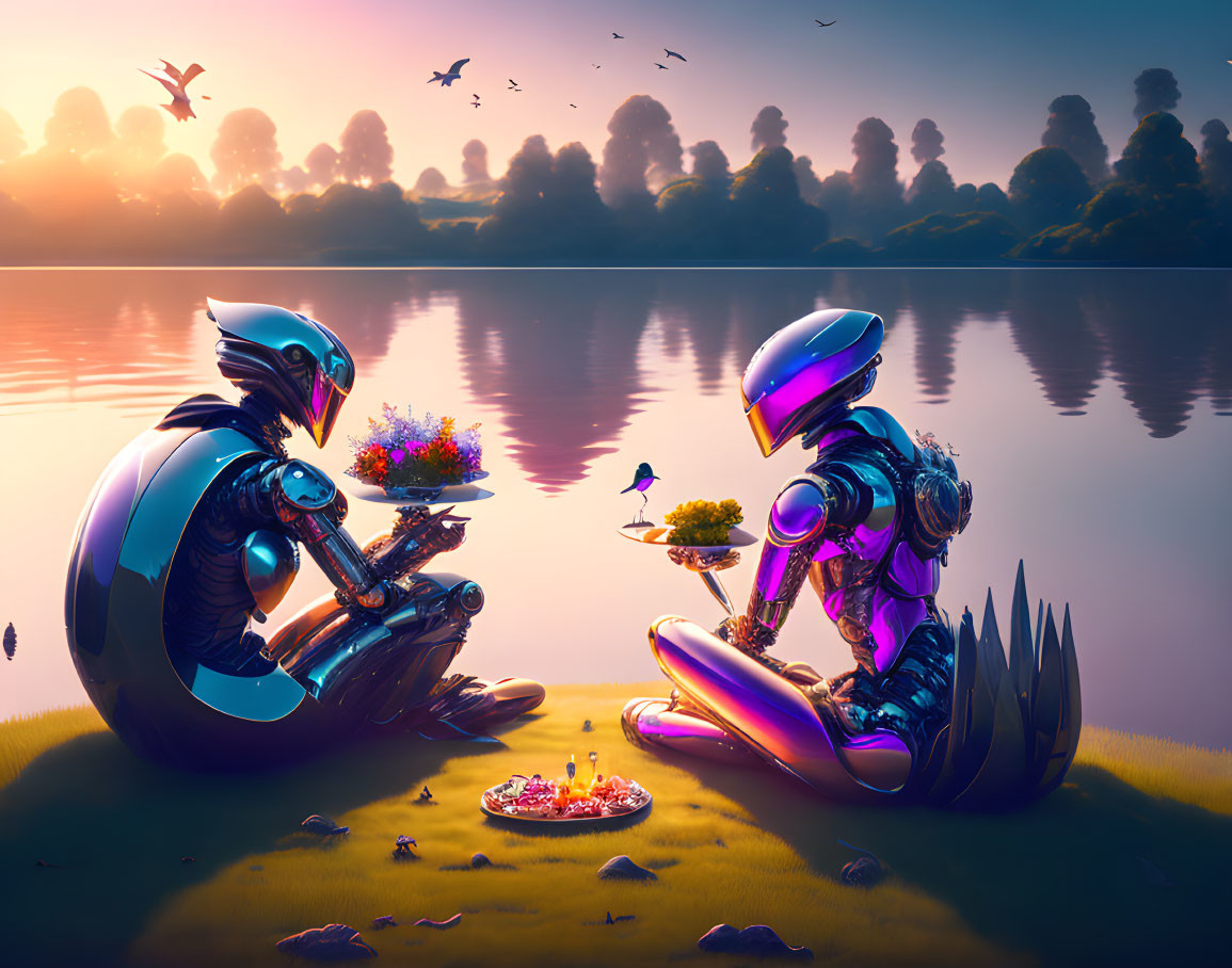 Futuristic robots exchanging flowers by serene lake at sunset