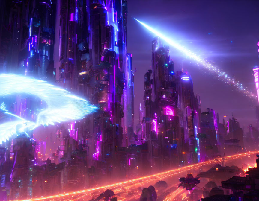 Futuristic neon-lit cityscape with skyscrapers and flying vehicles