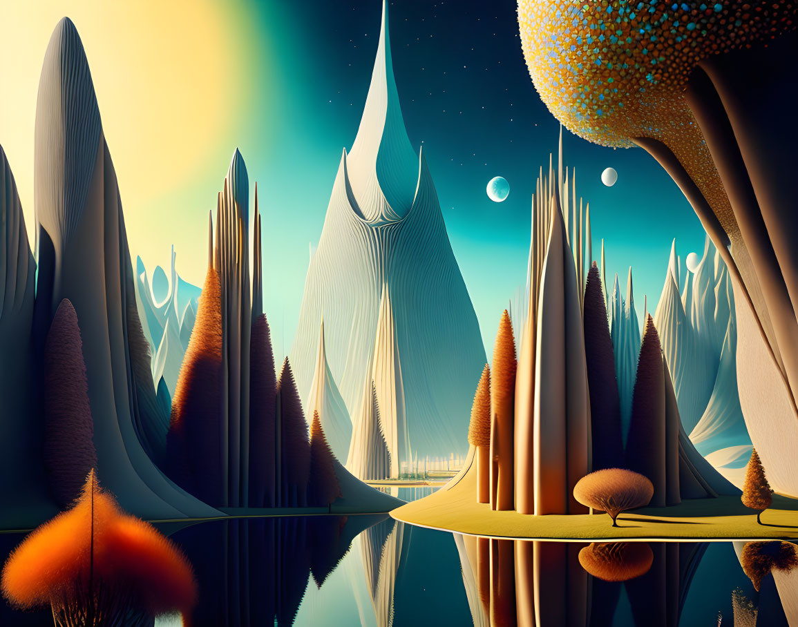 Surreal landscape with stylized trees, mountains, reflective lake, and two moons