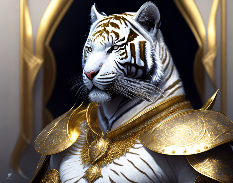 White Tiger in Golden Armor with Blue Eyes Exuding Nobility