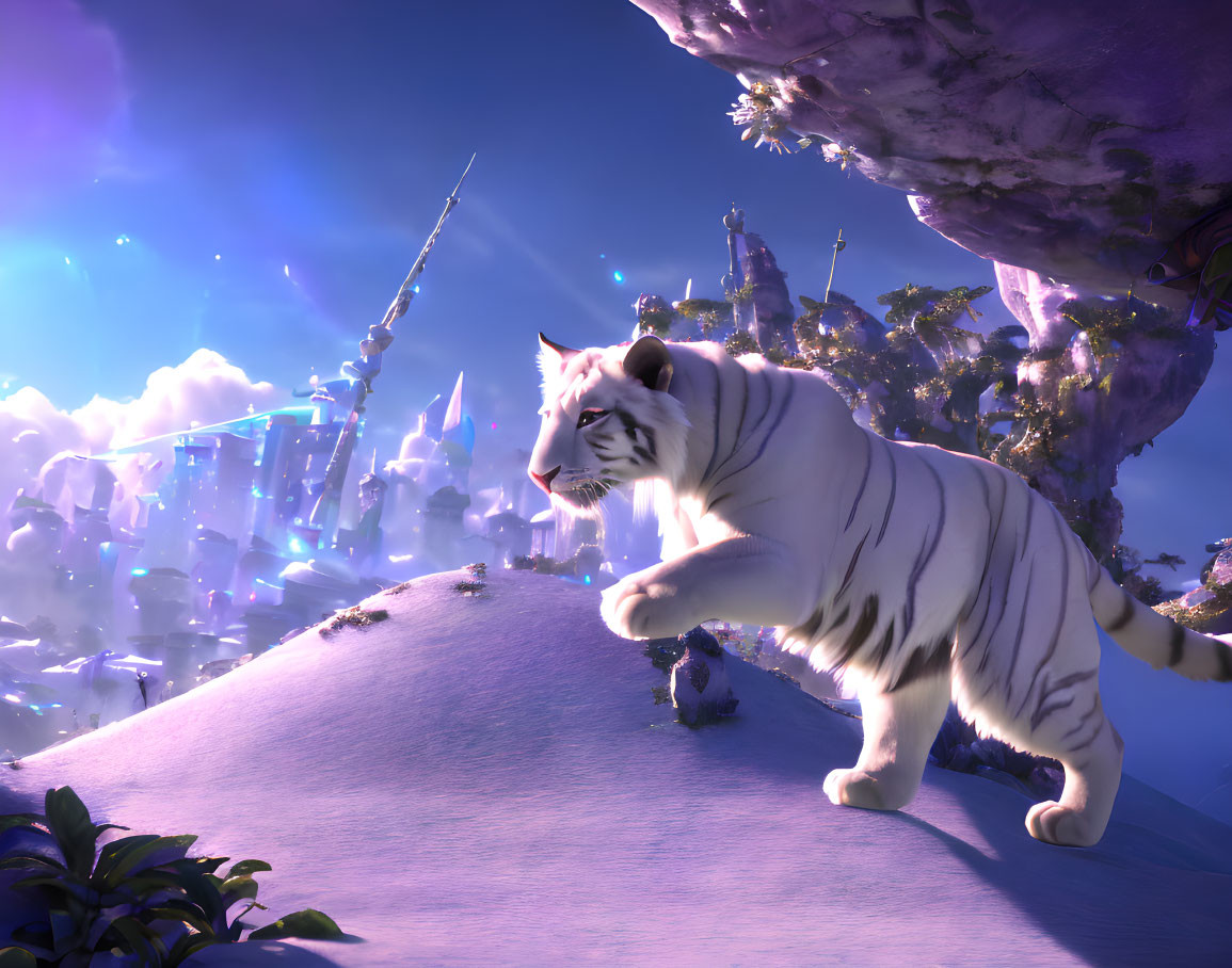 White tiger in snowy landscape with fantasy cityscape and spires.