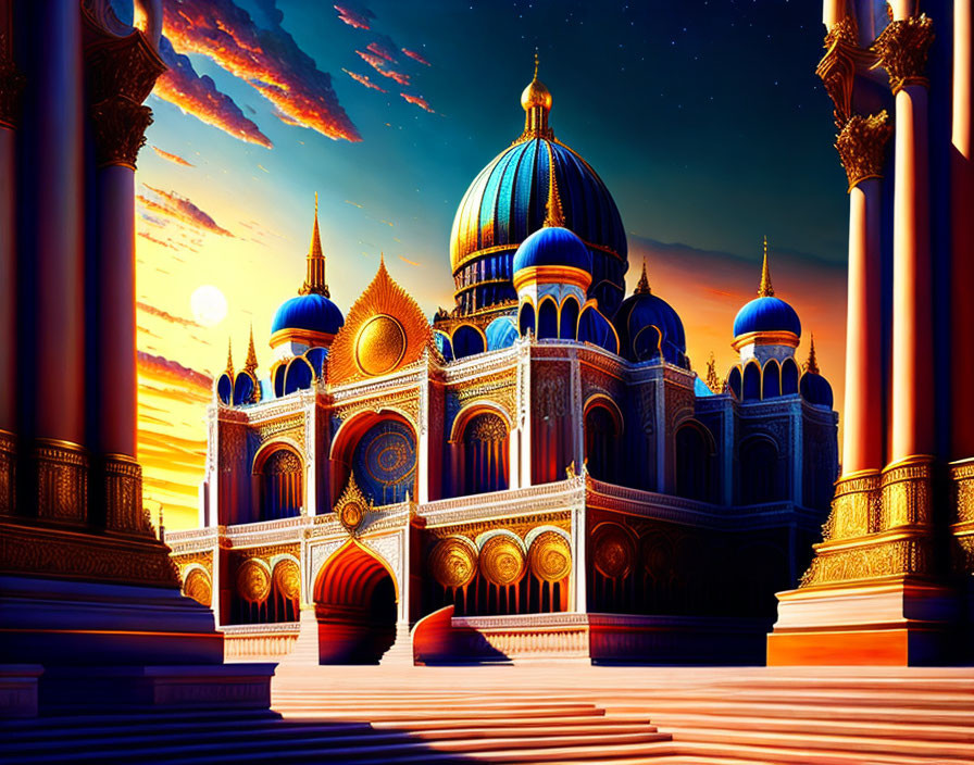 Ornate fantasy palace with domes and arches at sunset