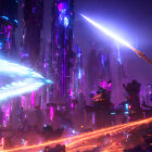 Futuristic neon-lit cityscape with skyscrapers and flying vehicles