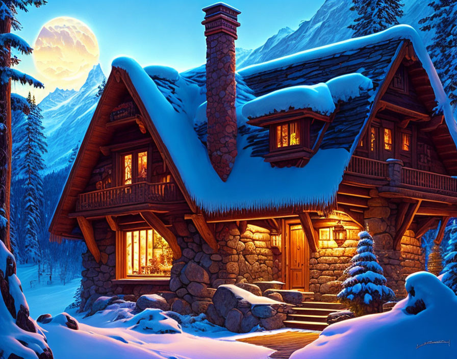 Snow-covered log cabin at twilight in tranquil winter forest