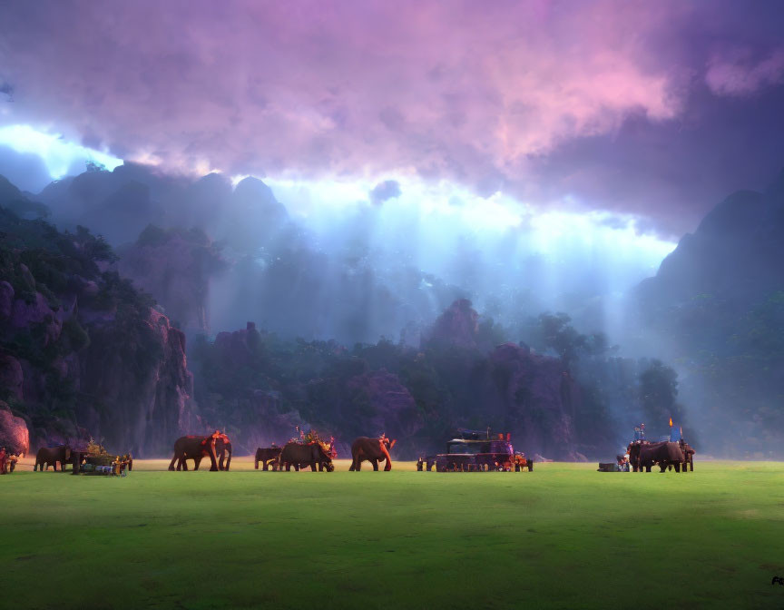 Elephants and carts in misty mountain landscape at twilight