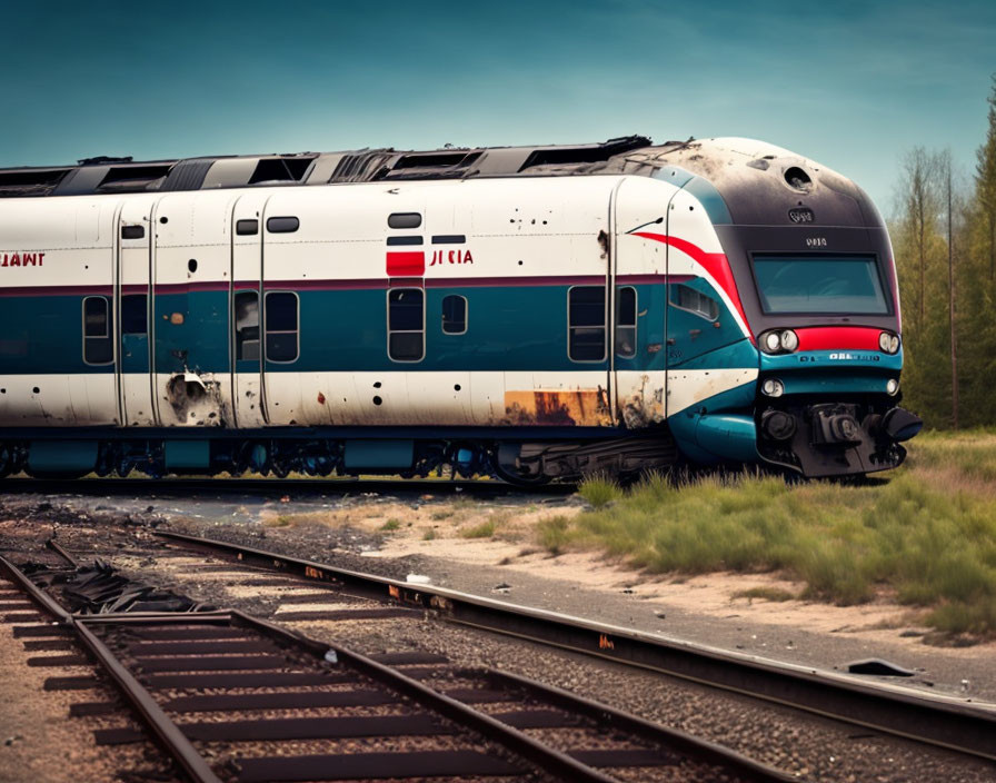 Derailed passenger train with damaged exterior and graffiti on rusty tracks