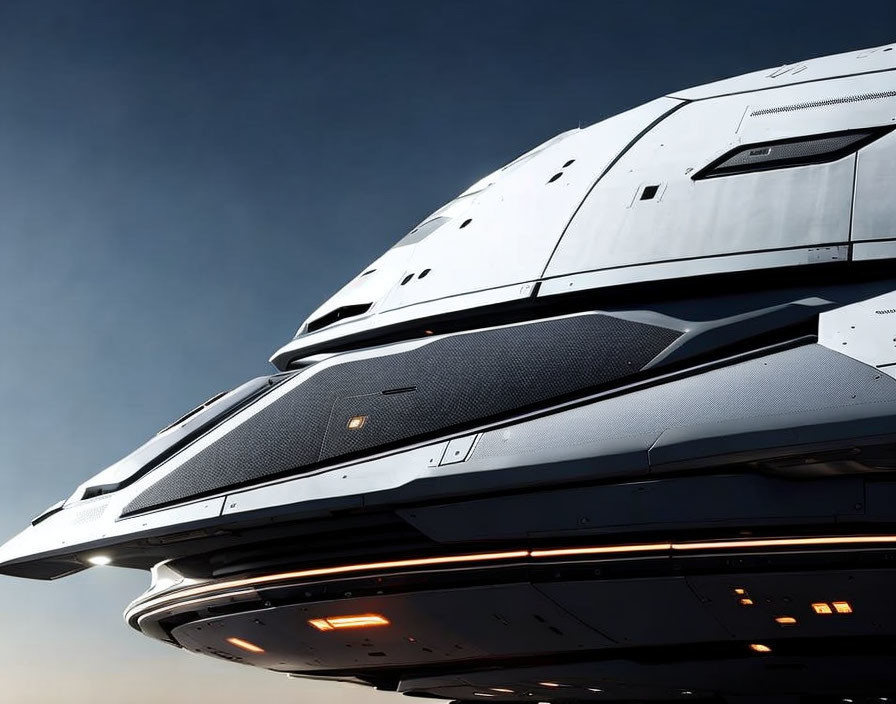 Futuristic spaceship hull design against clear blue sky