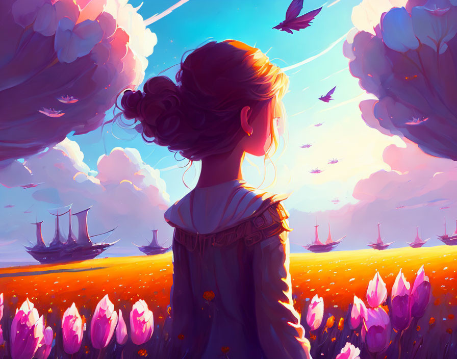 Girl with bun admires surreal landscape with tulips, floating ships, birds in vibrant sky.