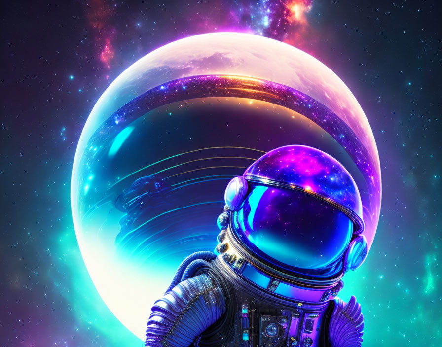 Colorful digital artwork: astronaut with reflective helmet, nebula, and planet.