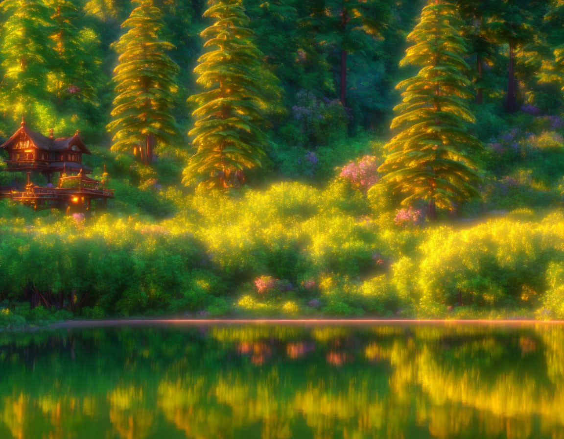 Tranquil Lakeside Scene with Forest, Cabin, and Wildflowers