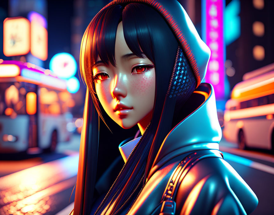 Stylized digital artwork: Girl with black hair and blue highlights in hoodie, against neon-lit