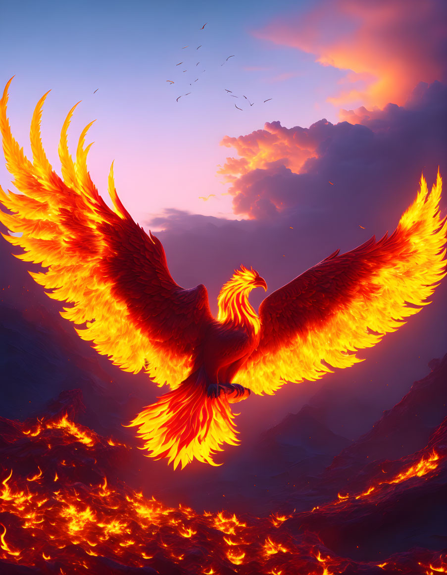 Majestic phoenix flying over volcanic landscape at sunset