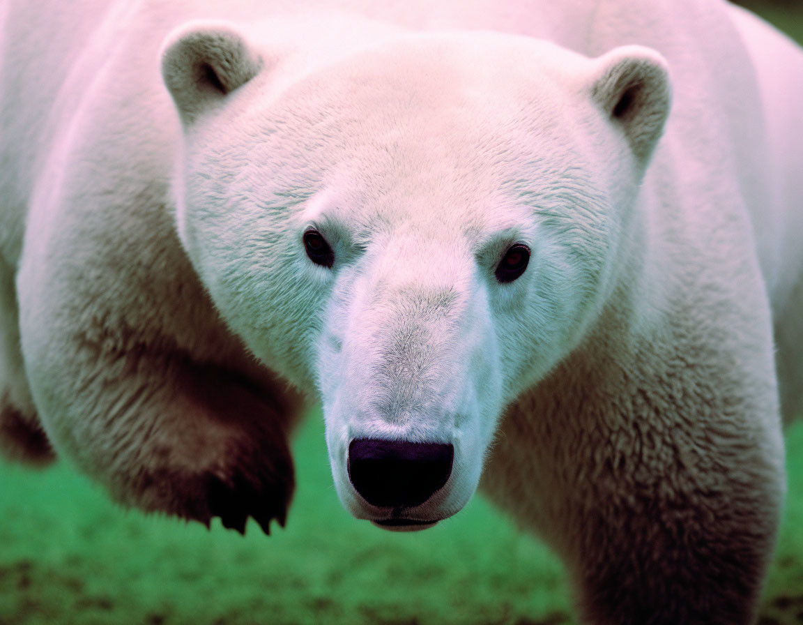 Polar bear with greenish tint, gazing at camera