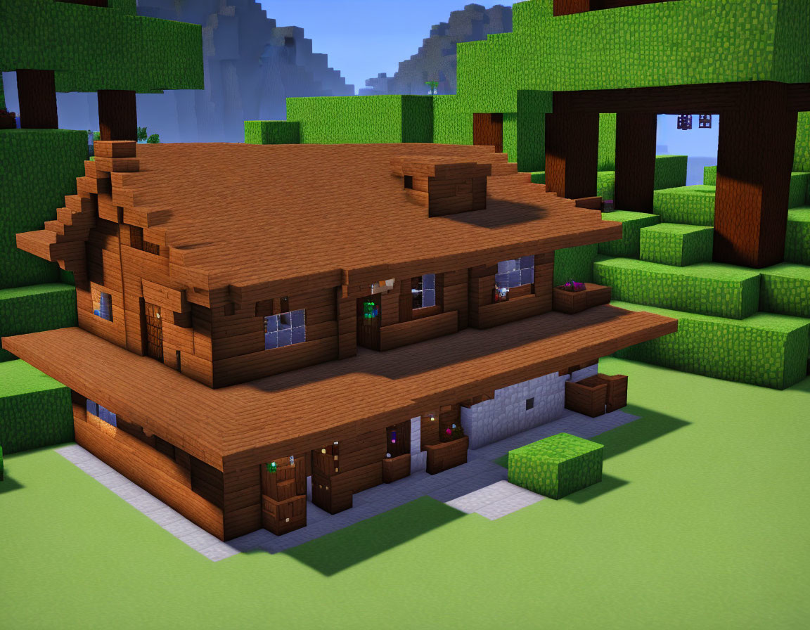 Spacious virtual house with brown blocky roof in green landscape