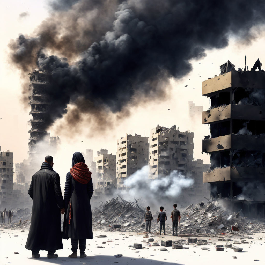 Couple holding hands in destroyed cityscape with smoke and children.