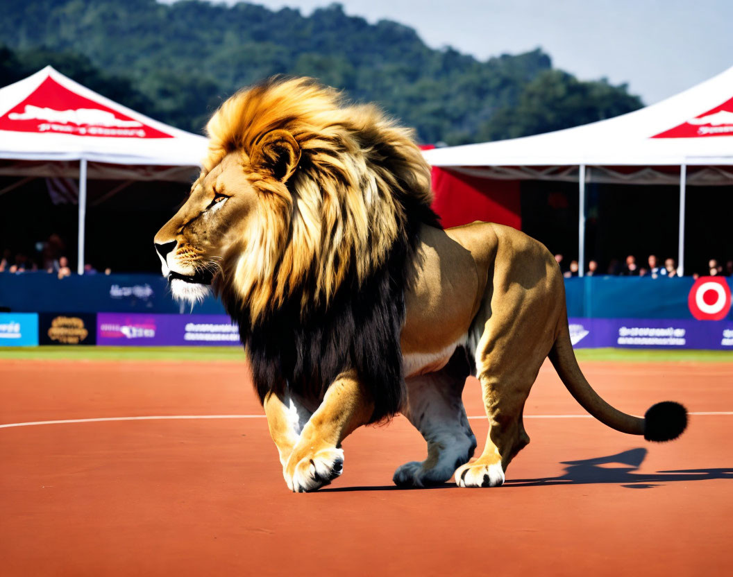 Majestic lion on red sports court with tents and hills.