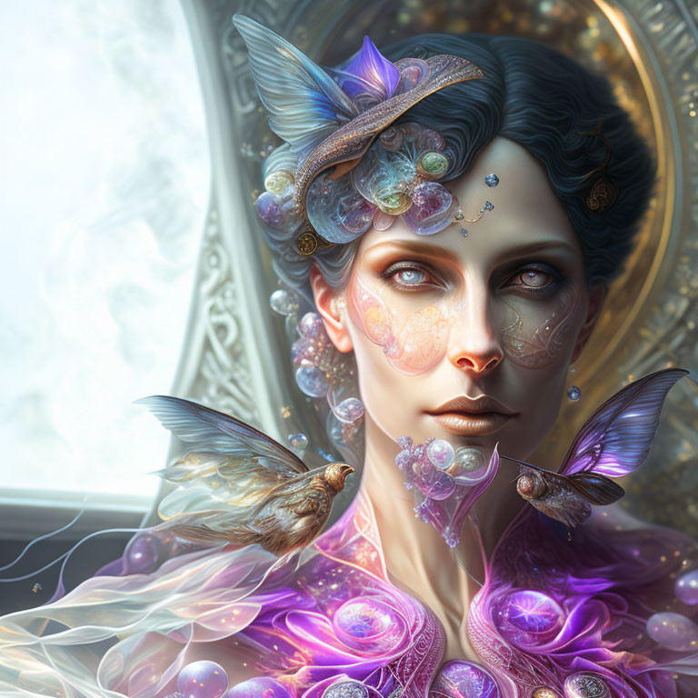 Fantasy digital artwork of female figure with iridescent wings and bird.