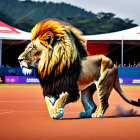 Majestic lion on red sports court with tents and hills.