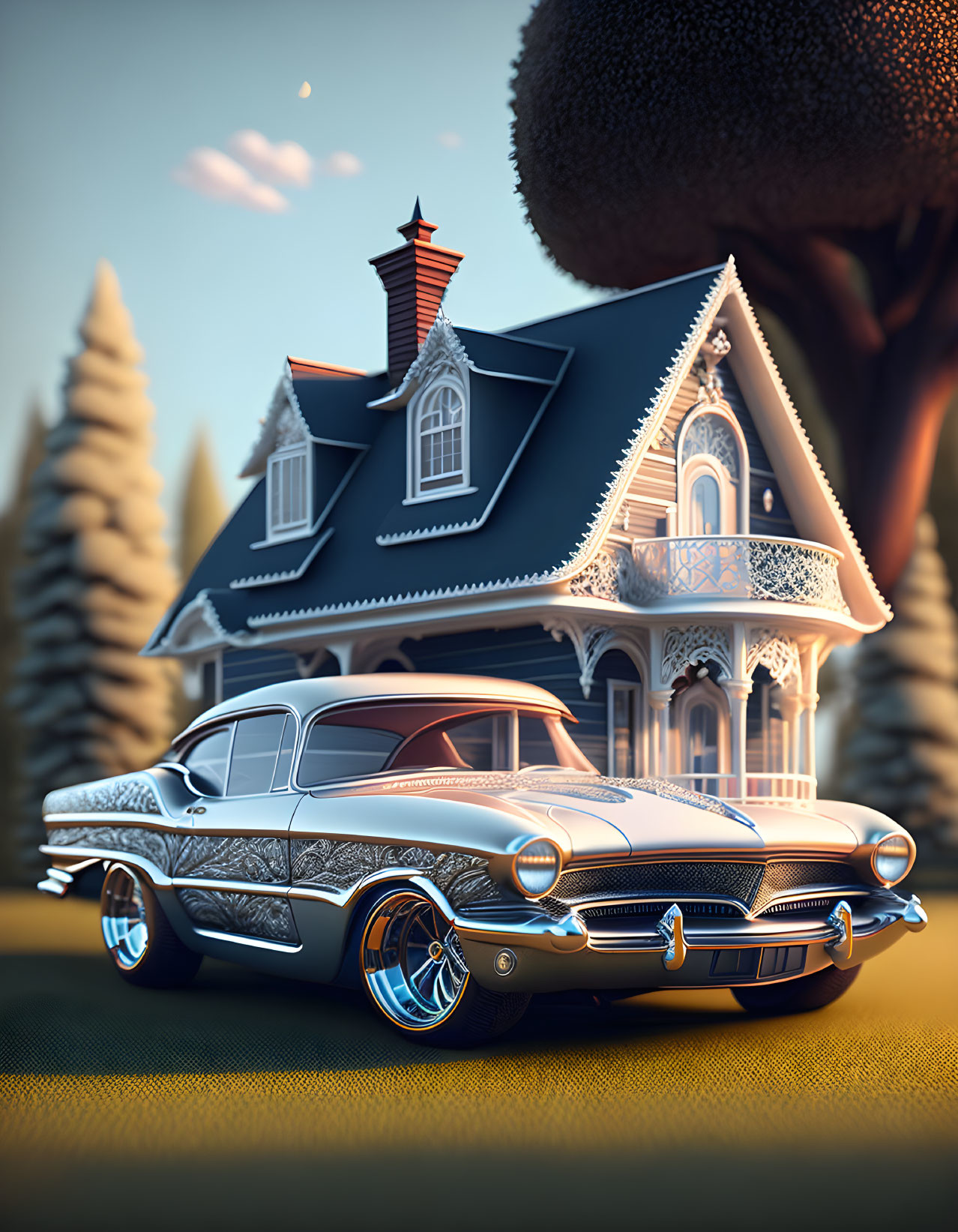 Stylized illustration of classic car and house with intricate details